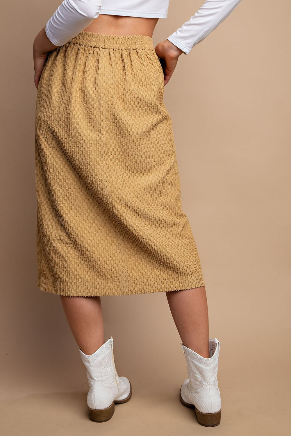 Front Slit Textured Midi Skirt with Side Pocket