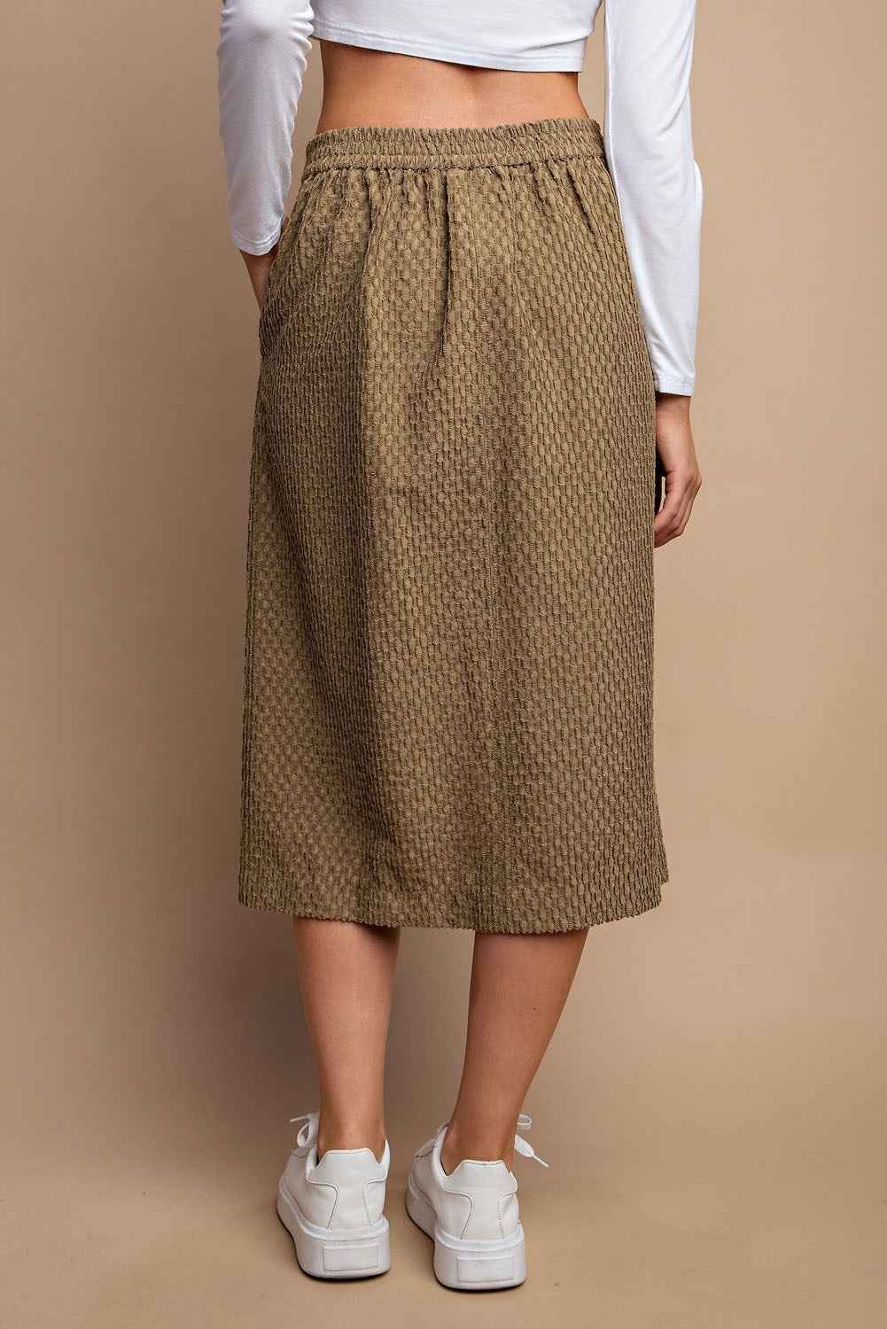 Front Slit Textured Midi Skirt with Side Pocket