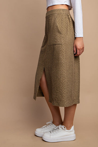 Front Slit Textured Midi Skirt with Side Pocket