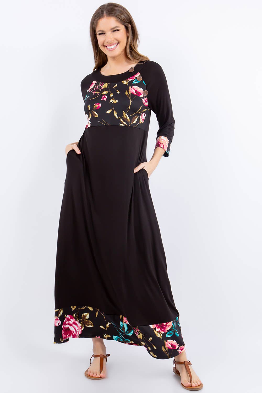 Modest Black Floral Maxi Dress With Pockets