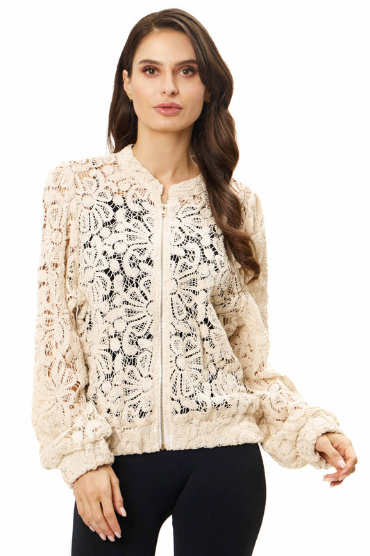 Lace Crochet Bomber Jacket with Zipper