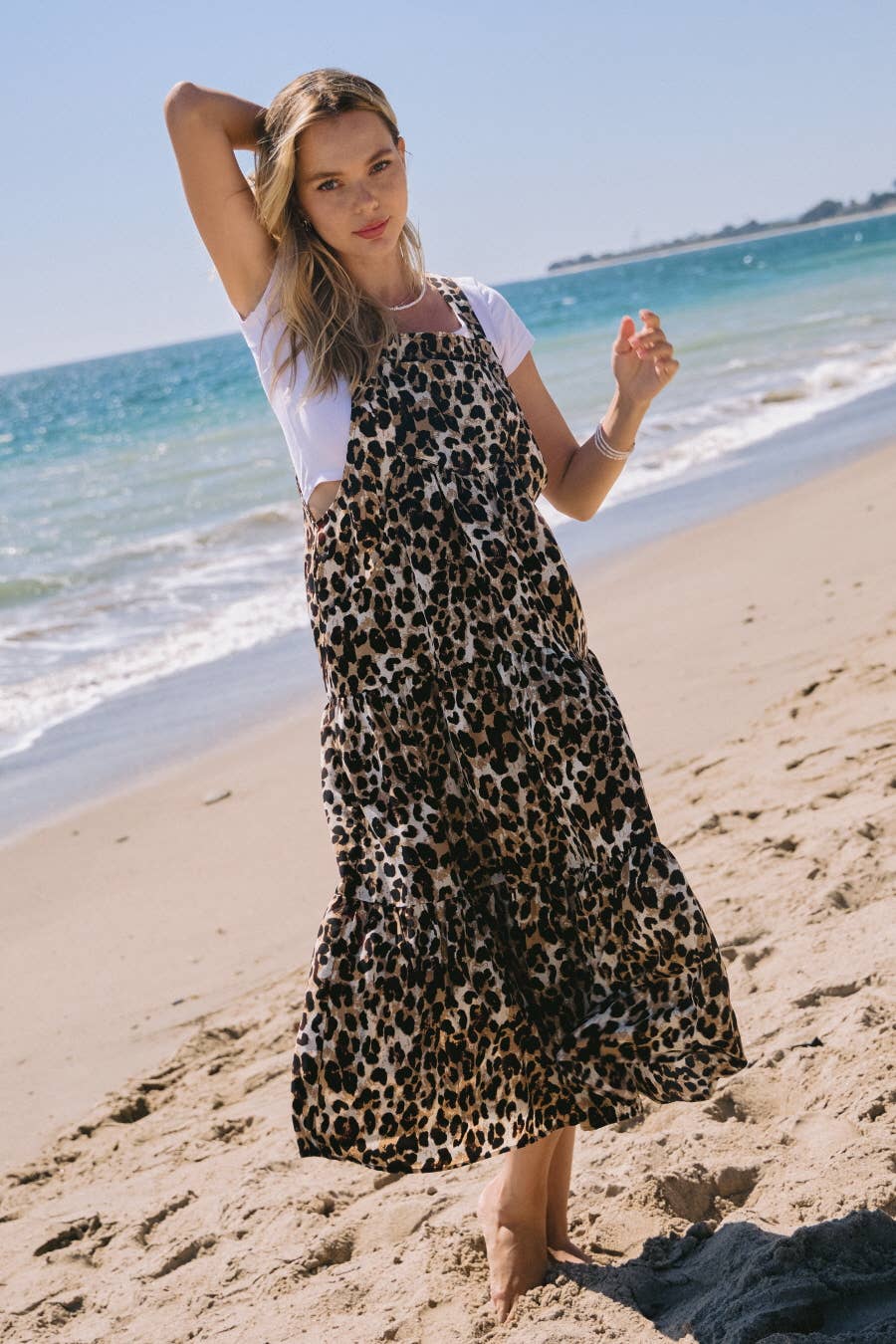 Leopard Printed Overall Tired Midi Dress