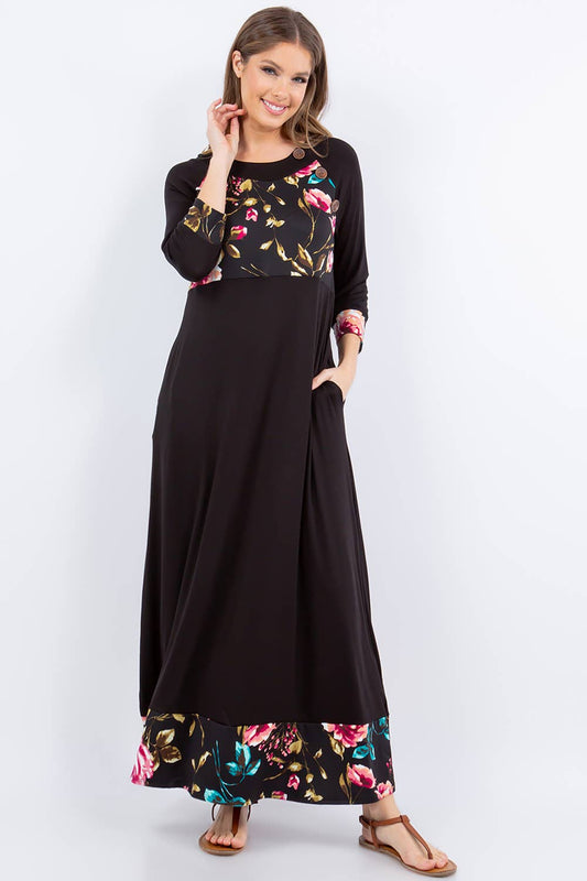 Modest Black Floral Maxi Dress With Pockets