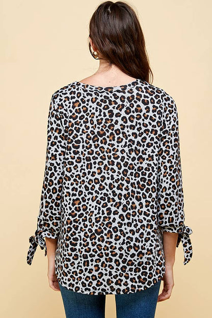 Leopard Print Stripe Tie Sleeve Top