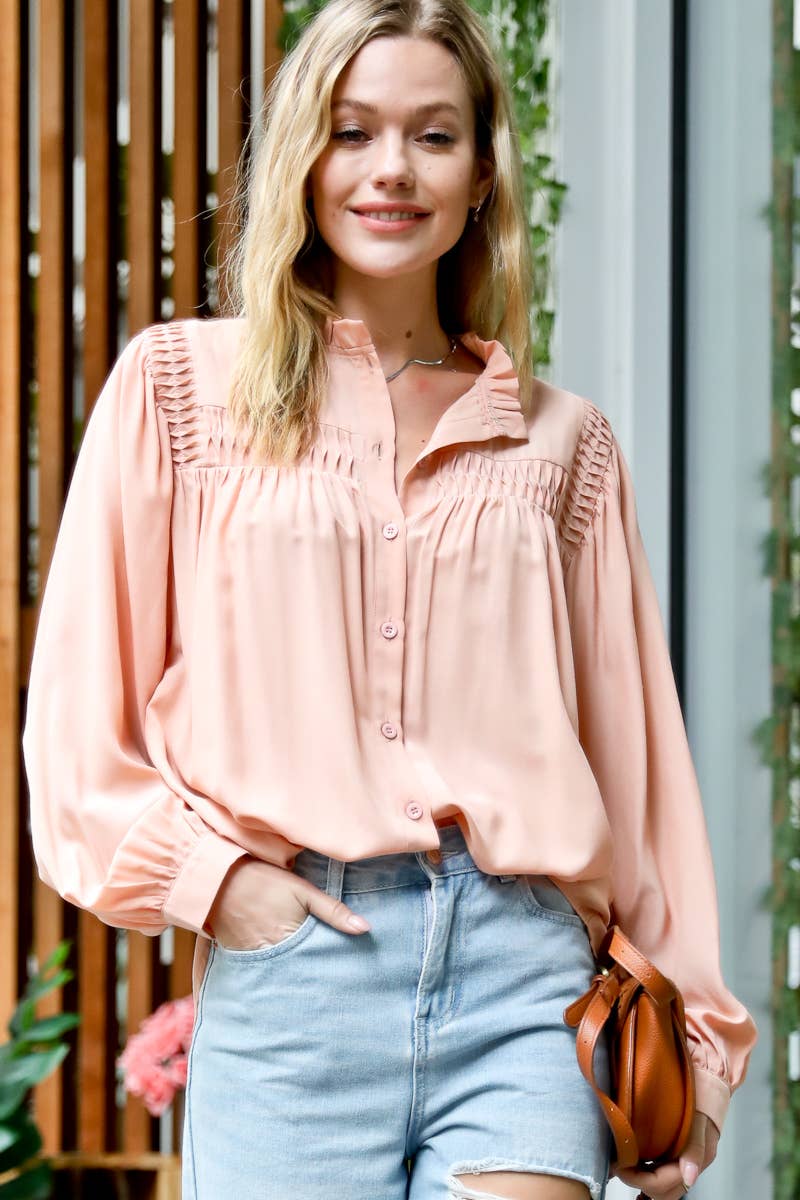 Ruffles and Shirring Button Down Blouse