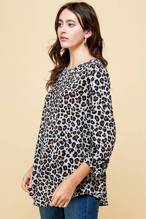 Leopard Print Stripe Tie Sleeve Top