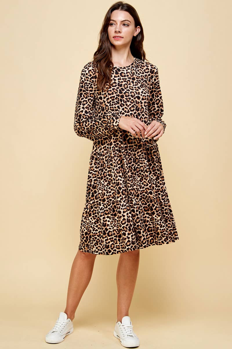 Leopard Flowy Tiered Dress With Puff Sleeves