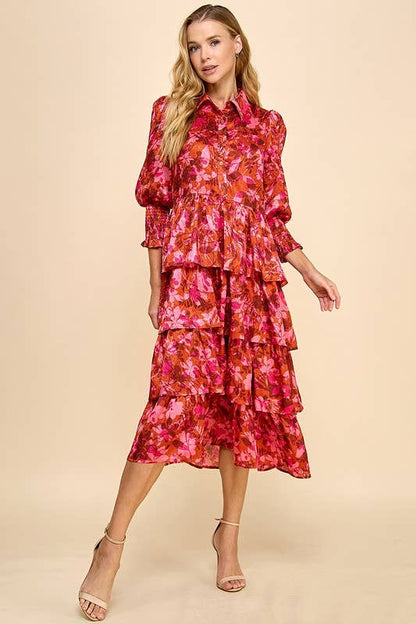 Abstract Print Collared Tiered Ruffle Dress