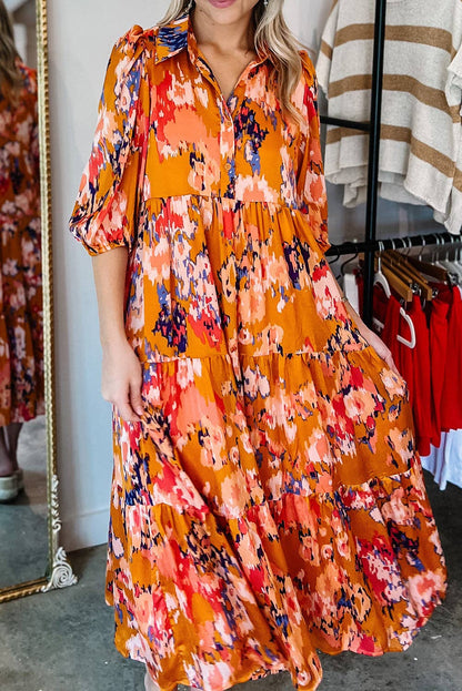 Orange Abstract Printed Tiered Maxi