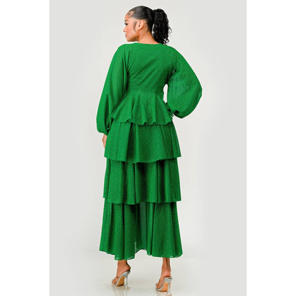 Long Puff Sleeve Glittered Tiered Ruffled Maxi Dress