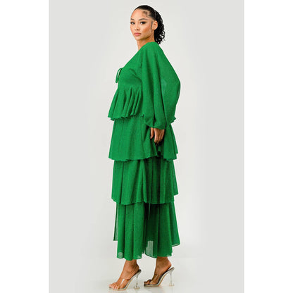 Long Puff Sleeve Glittered Tiered Ruffled Maxi Dress