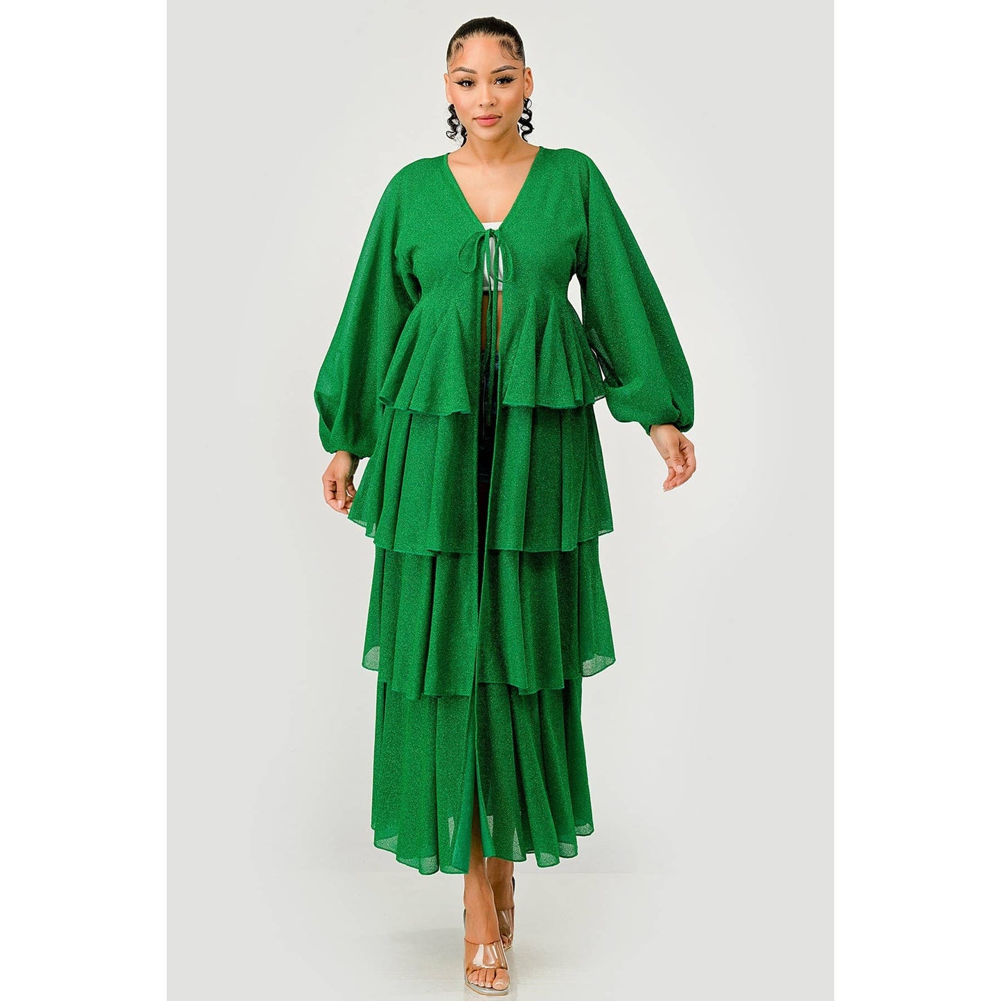 Long Puff Sleeve Glittered Tiered Ruffled Maxi Dress