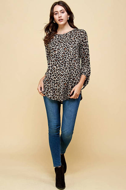 Leopard Print Stripe Tie Sleeve Top