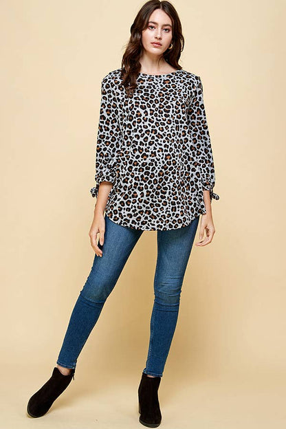 Leopard Print Stripe Tie Sleeve Top