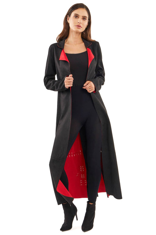 Black/Red Vegan Suede Cut Out Duster Jacket