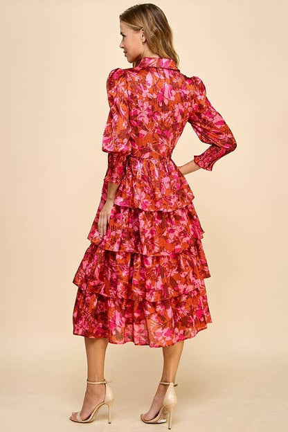 Abstract Print Collared Tiered Ruffle Dress