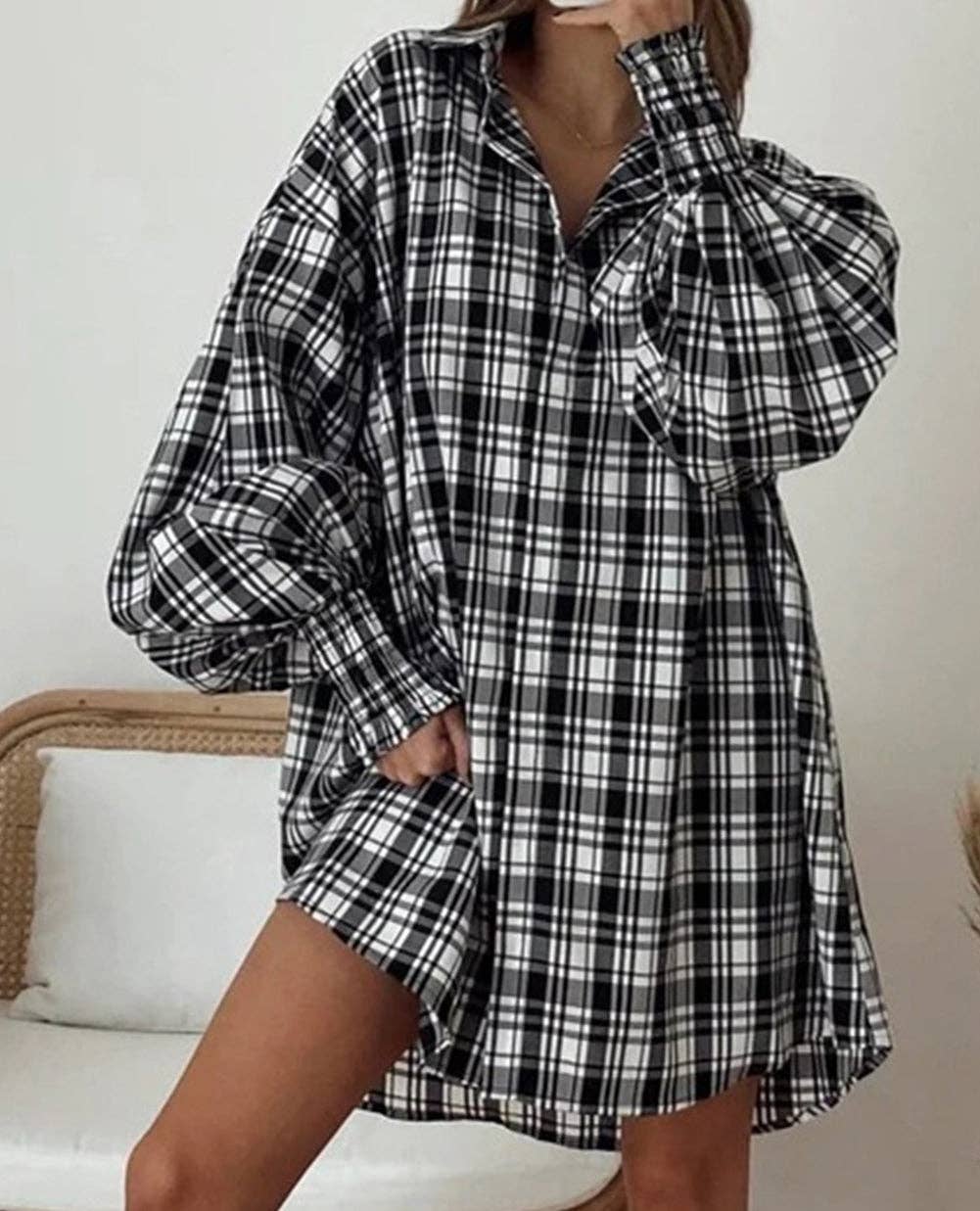 Bishop Sleeve Plaid Oversized Shirt