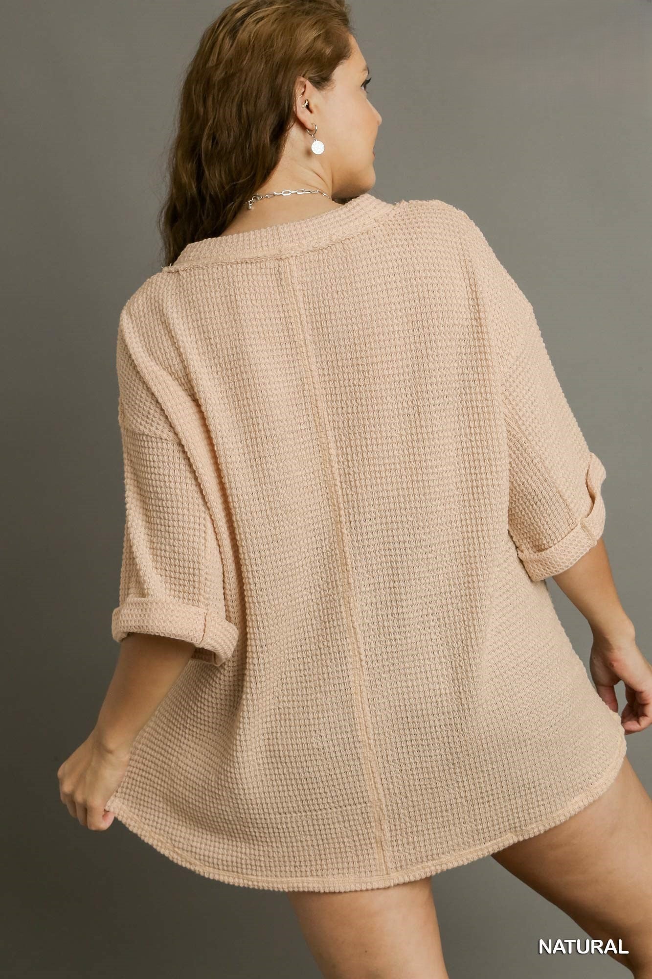 Waffle Knit Boxy Cut V-Neck Top with Fray Details, 3/4 Wide Folded Sleeve