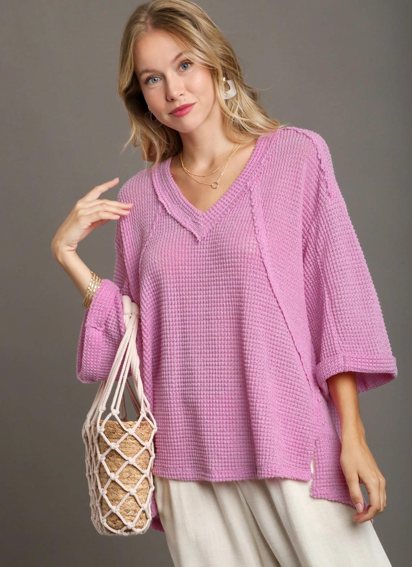 Waffle Knit Boxy Cut V-Neck Top with Fray Details, 3/4 Wide Folded Sleeve