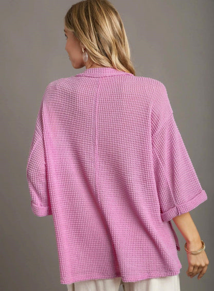 Waffle Knit Boxy Cut V-Neck Top with Fray Details, 3/4 Wide Folded Sleeve