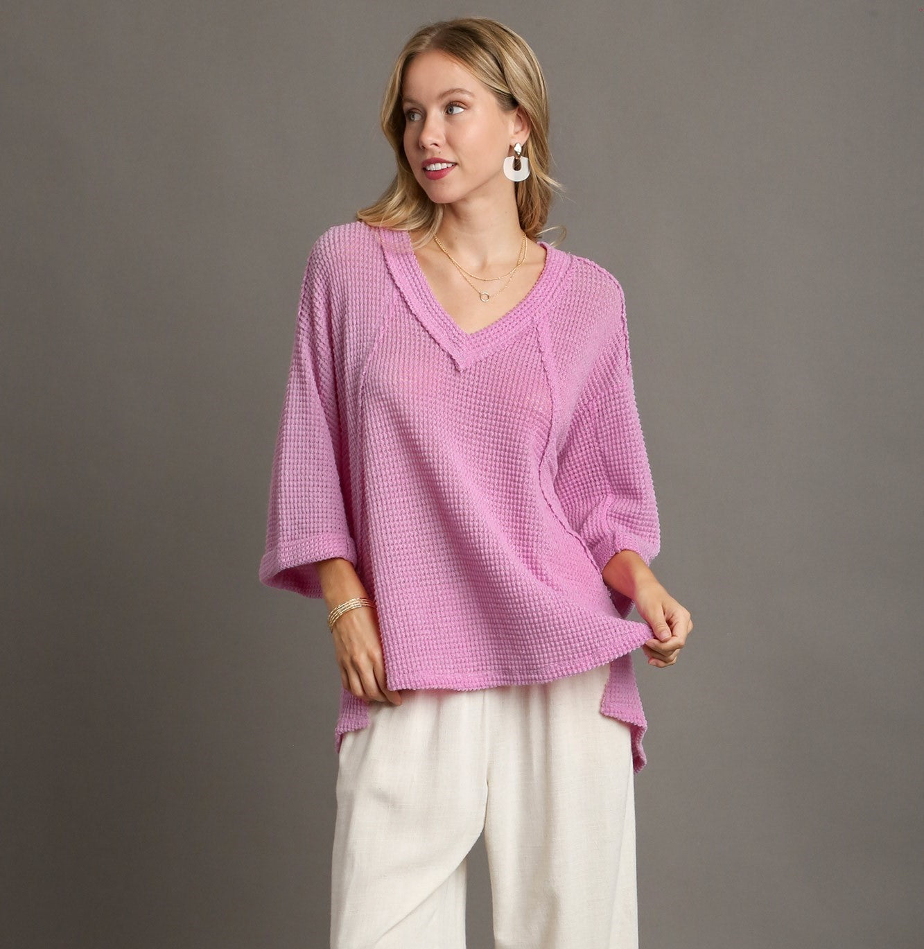 Waffle Knit Boxy Cut V-Neck Top with Fray Details, 3/4 Wide Folded Sleeve