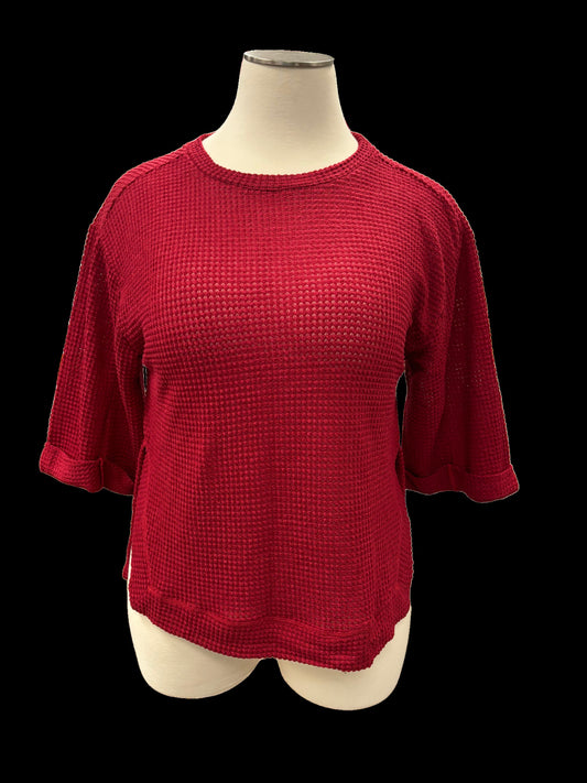 Waffle Knit 3/4 Rolled Sleeve Round Neck Top with Side Slits